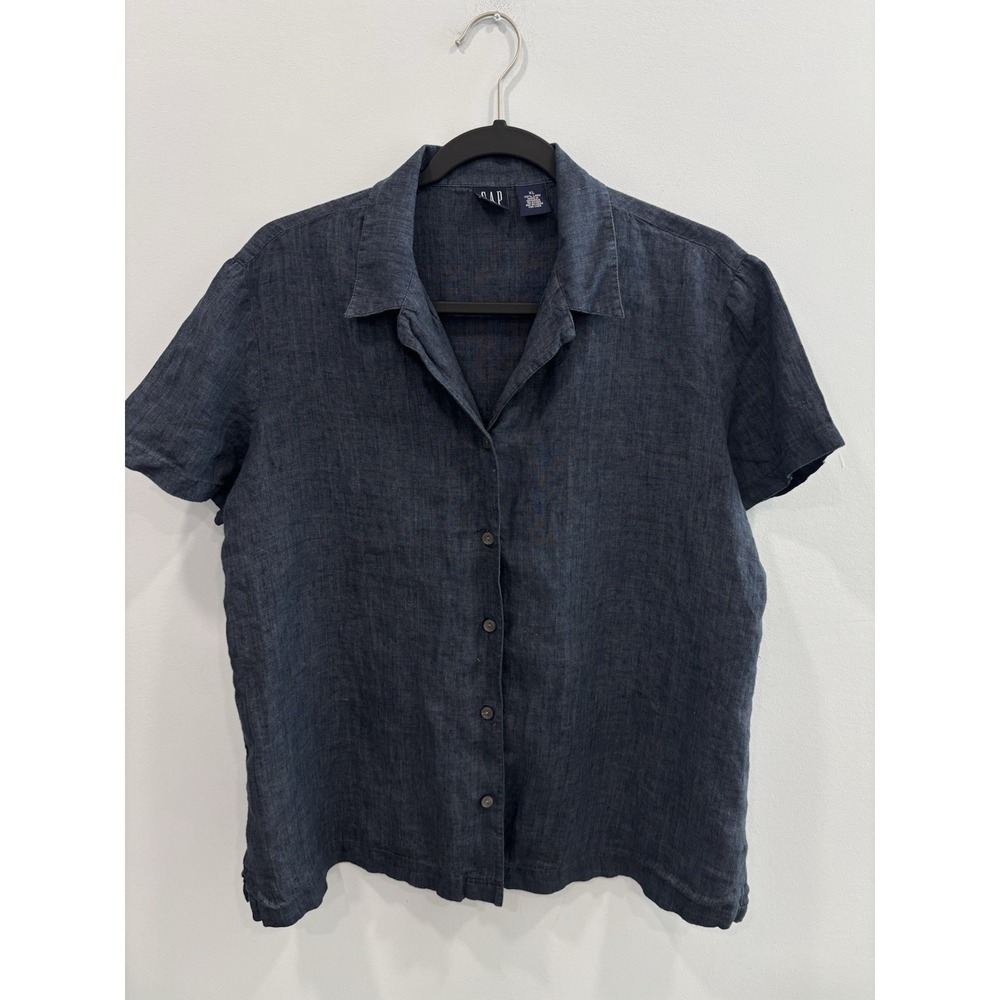 Gap Women's 100% Linen  Button Up Shirt, Large or XL, Blue Short Sleeve